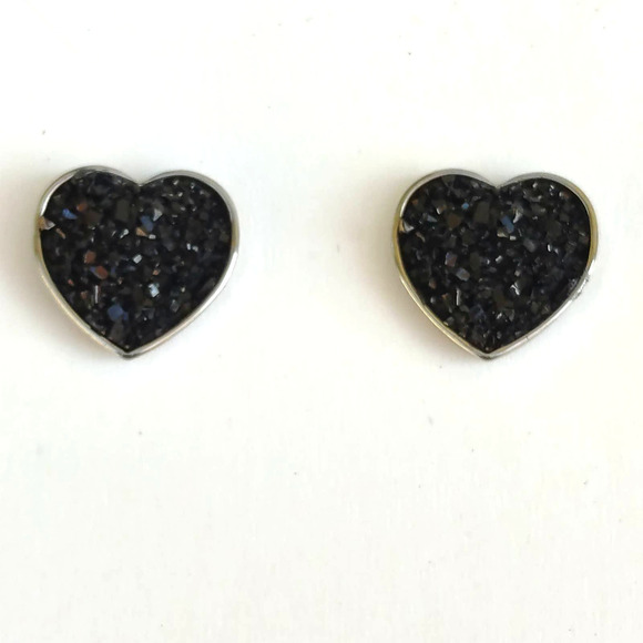 5/$25 Heart Shaped Druzy Earrings Silver Black Studs Heart Shape - Picture 4 of 7